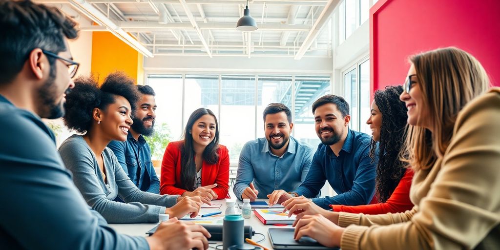 Group of diverse people brainstorming in a bright workspace.