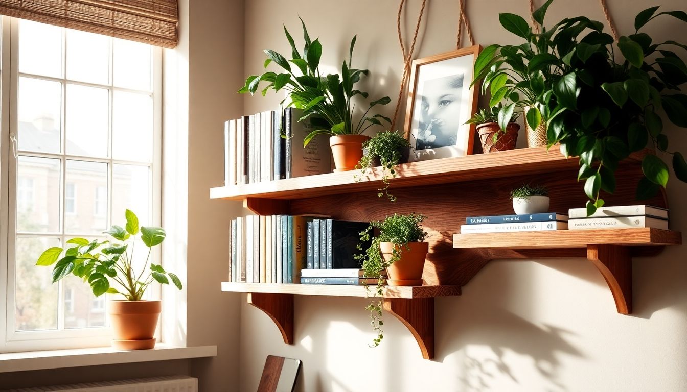 Wooden shelf with plants in a London home.