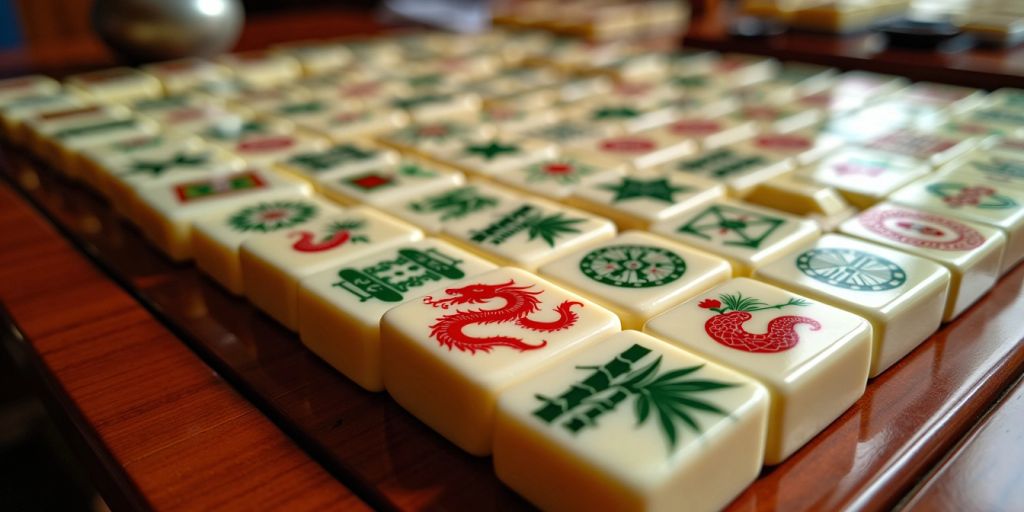 Mahjong set with intricately designed tiles