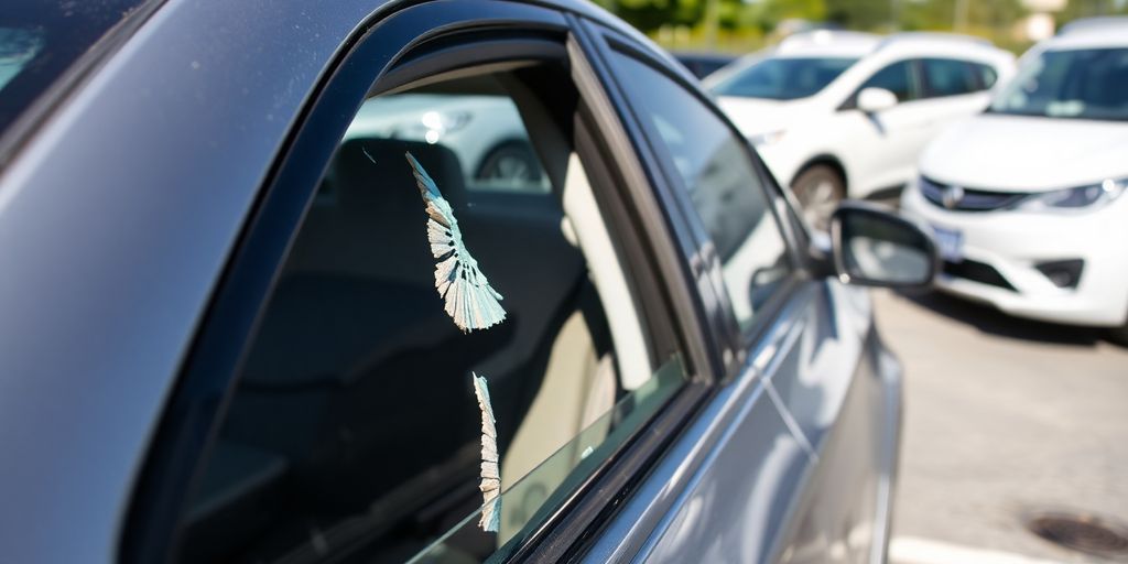 Damaged rental car after an accident with shattered window.