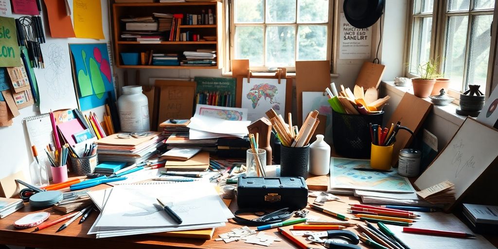 Creative workspace filled with tools and colorful materials.