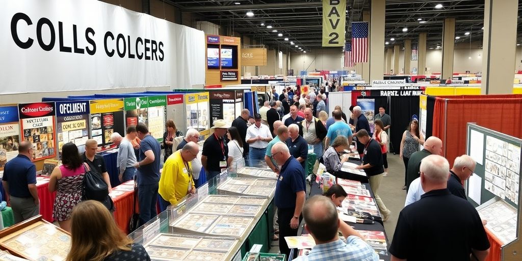 Dallas Coin Show with colorful booths and engaging attendees.