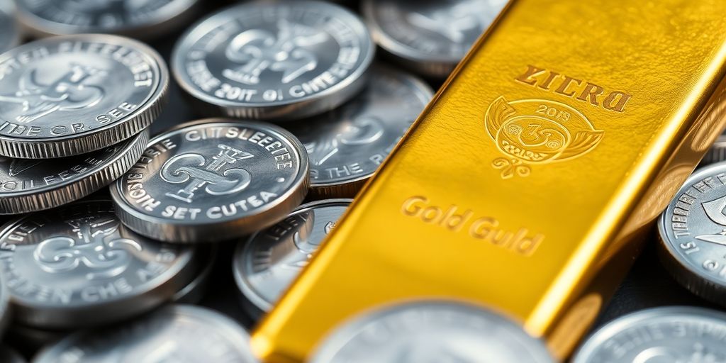 Pièces d'argent et lingots d'or sur une surface réfléchissante.