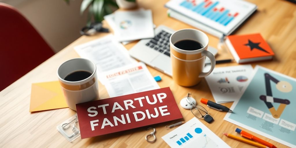 Workspace with laptop and startup resources for funding.