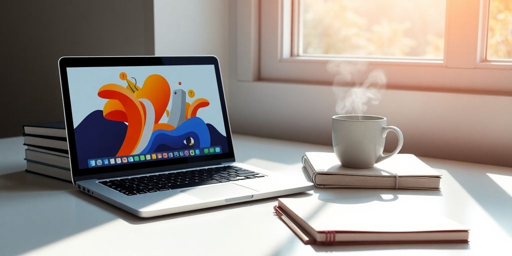 Laptop, notebook, and coffee on desk.