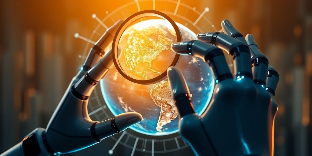 Robot hand optimizing magnifying glass over Earth.
