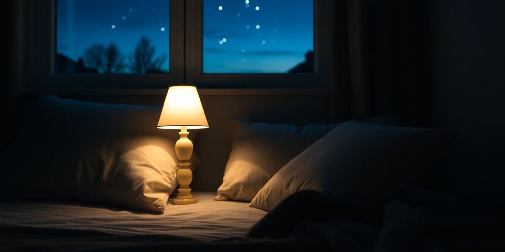 Cozy bedroom with soft pillows and a glowing lamp.