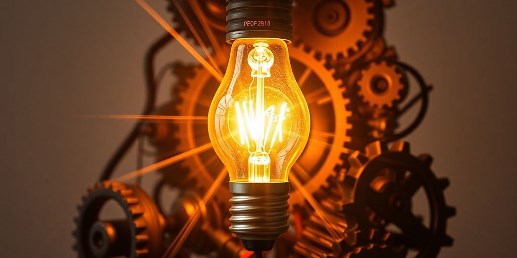 Lightbulb, gears, circuit board, and flowing energy.