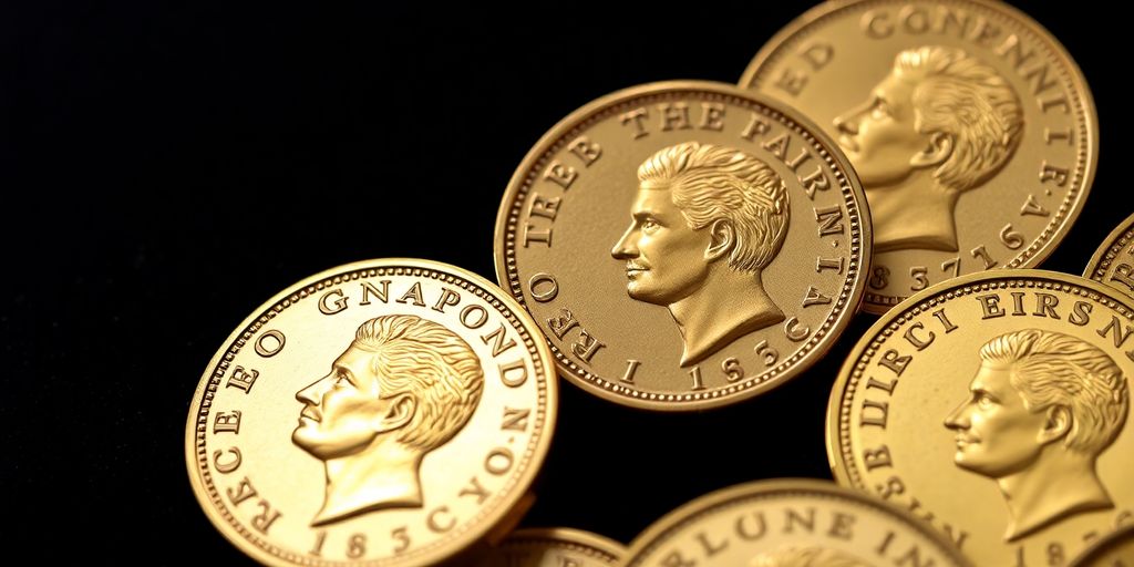 Pièces de 50 francs Napoléon en or sur fond sombre.