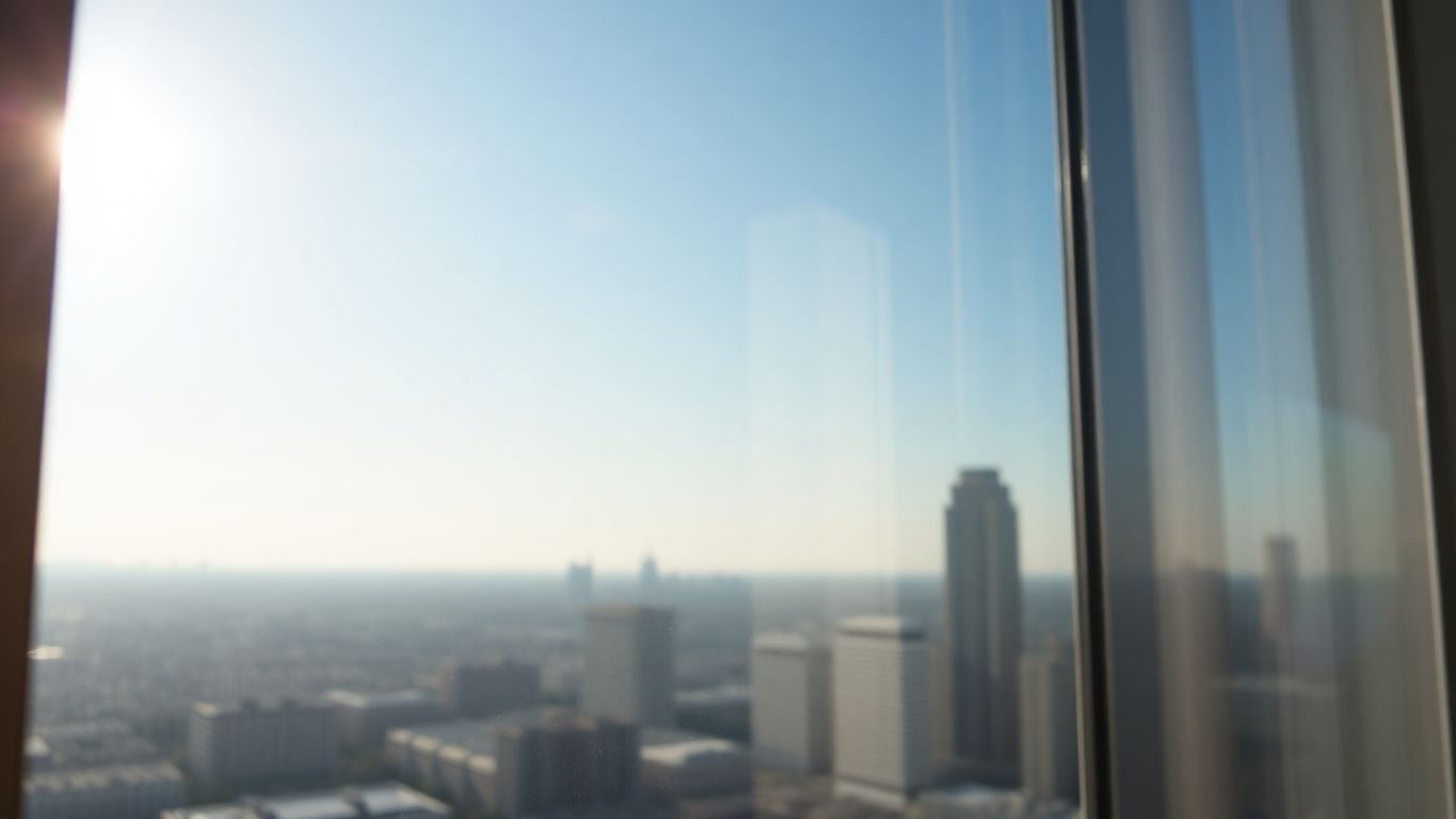 Sparkling clean window view, city backdrop