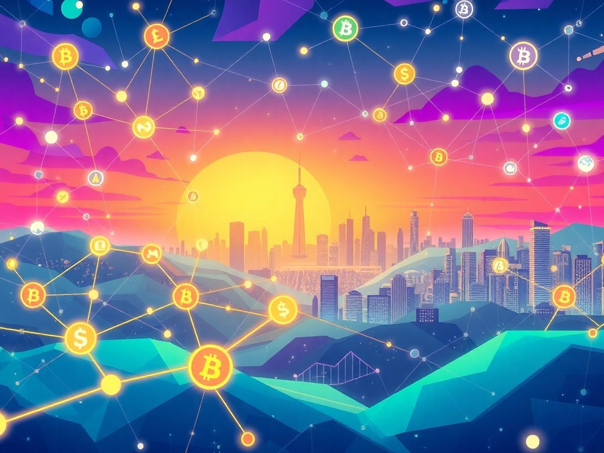 Digital landscape with blockchain elements and cryptocurrency symbols.