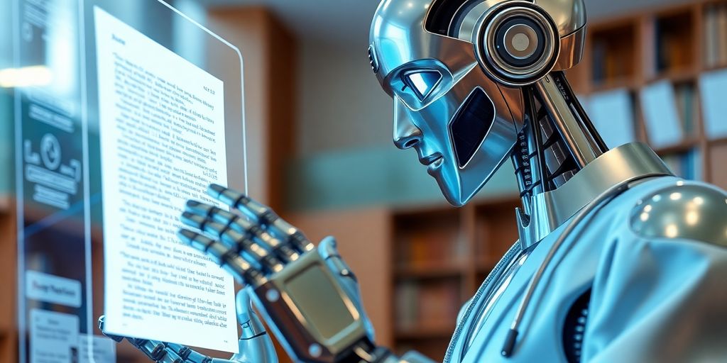 Robot professor examining student paper.