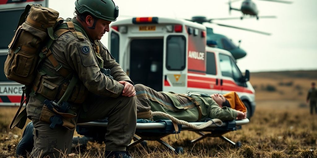 Military medic in uniform assisting a patient.