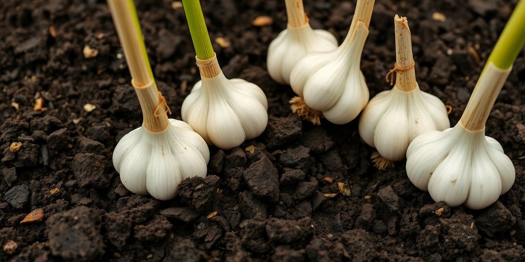 Knoblauchzehen werden in den Boden gesteckt.