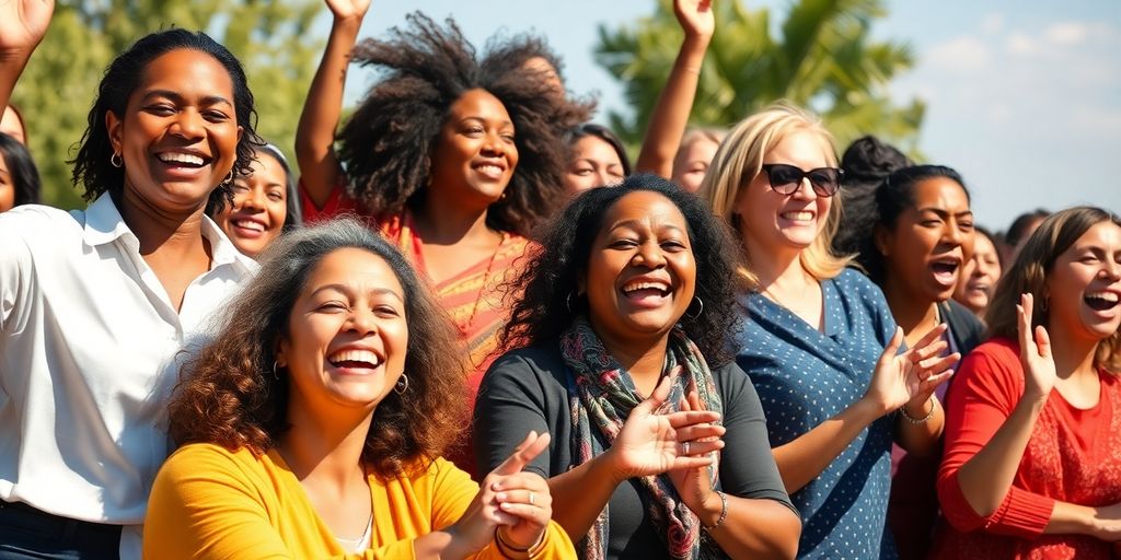 Women in active, diverse group, achieving success and progress