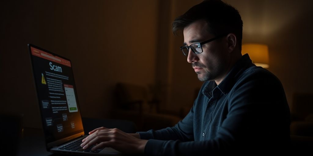 Person inquiet devant un ordinateur portable dans l'obscurité.