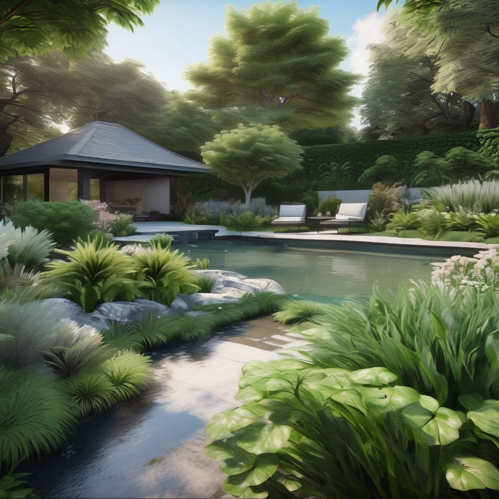 peaceful garden landscape design with water features and lush greenery