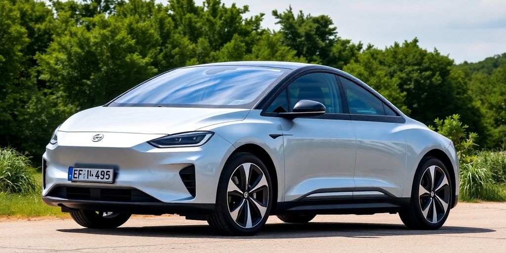 Schnelles Elektroauto vor einer malerischen Kulisse.