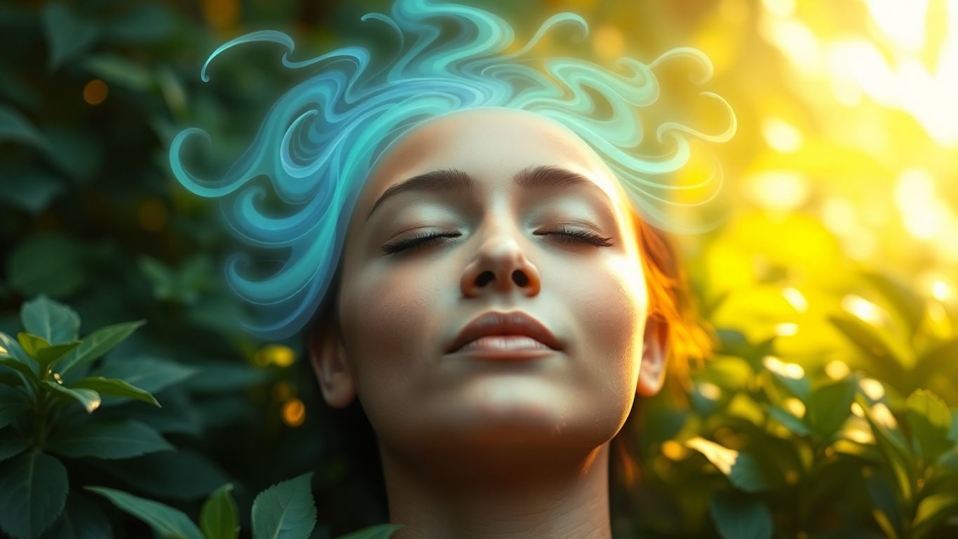 Person relaxing with calming blue and green light emanating from head.