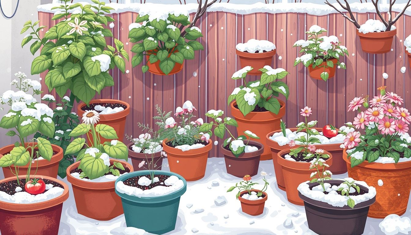 Winter garden with container plants and light snow