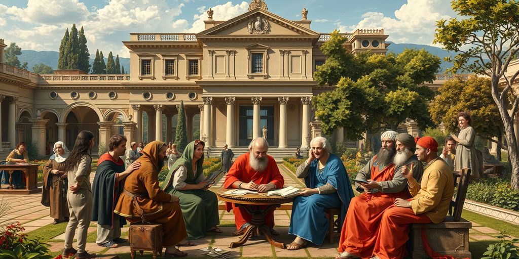 Artistas e acadêmicos discutindo em um exuberante cenário renascentista.