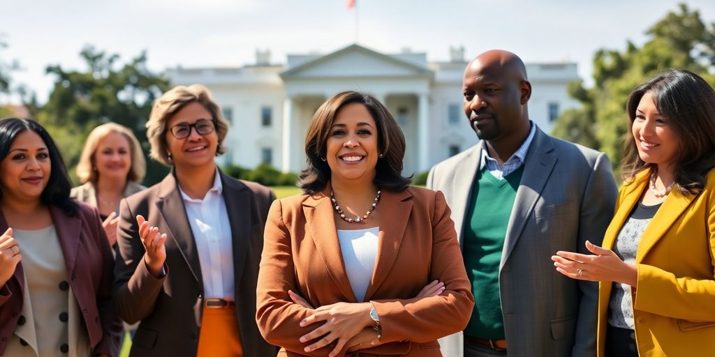 Kamala Harris, diverse group, White House backdrop.