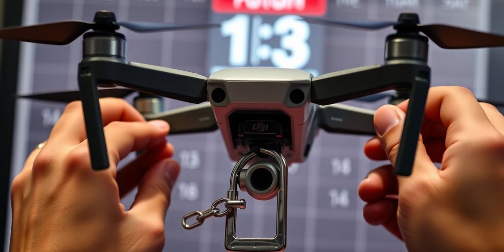 Drone DJI, mains, lien numérique, cadenas, date futur.