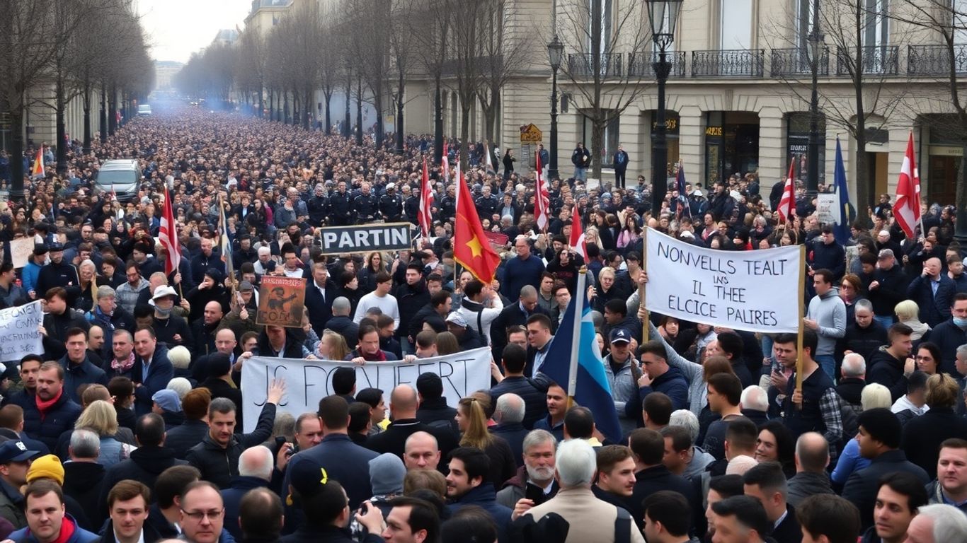 Foule dense bloquant une avenue parisienne, présence policière visible.