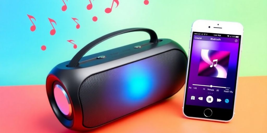 Bluetooth speaker and smartphone with music notes background.