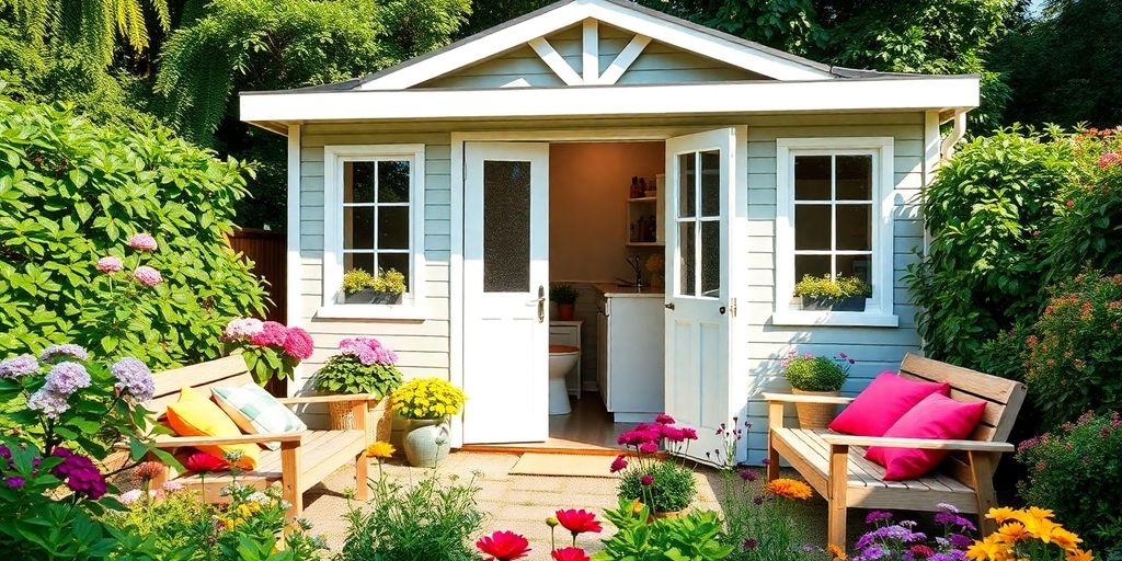 Modern garden shed in a lush outdoor setting.