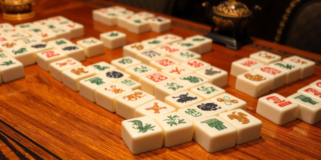 Mahjong set with detailed tiles on wooden table