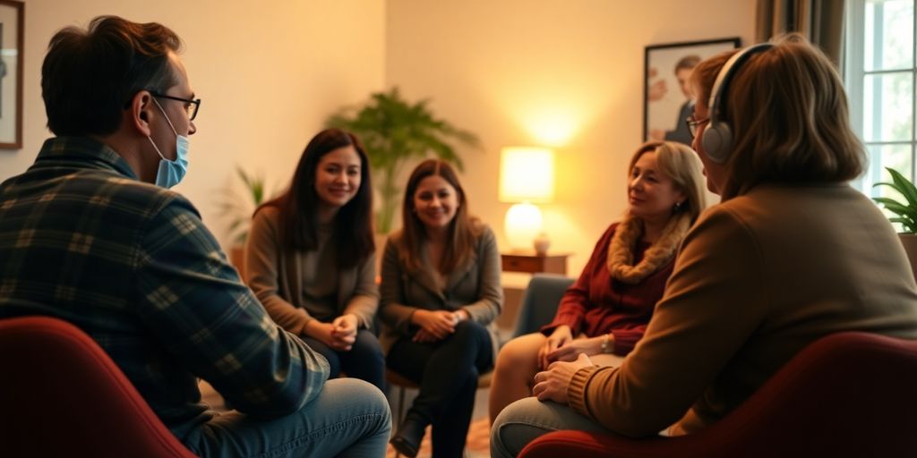 Group therapy session with supportive individuals sharing experiences.