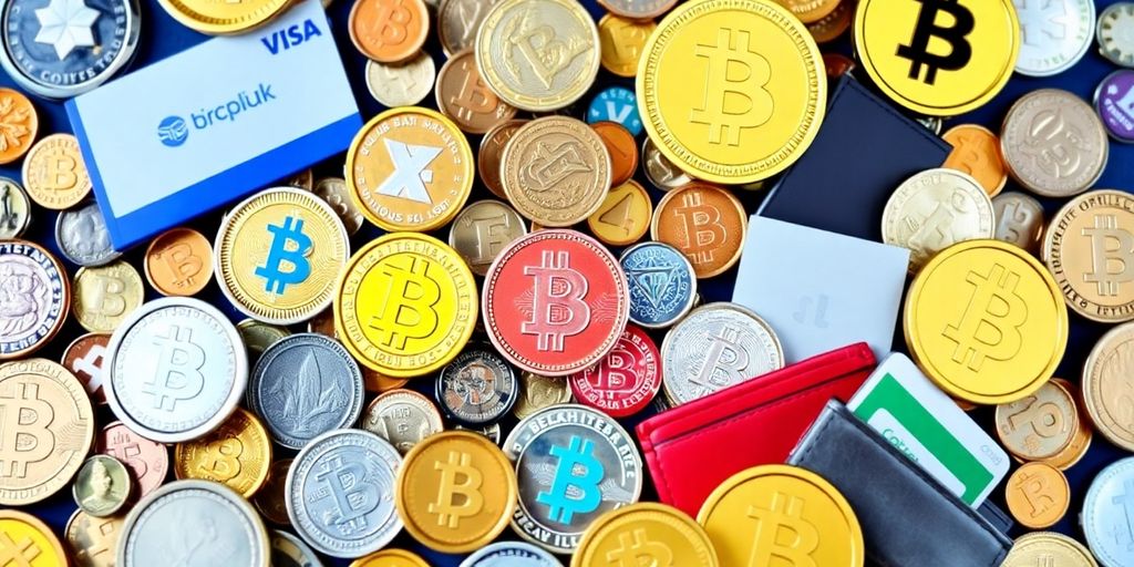 Colorful cryptocurrencies and digital payment methods arranged artistically.