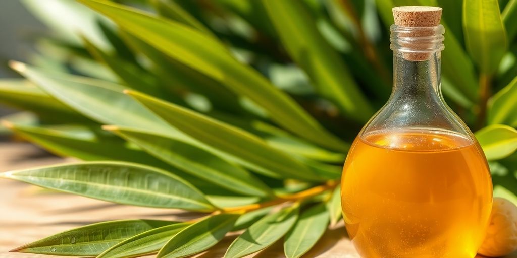 Jojoba oil bottle with jojoba plant.