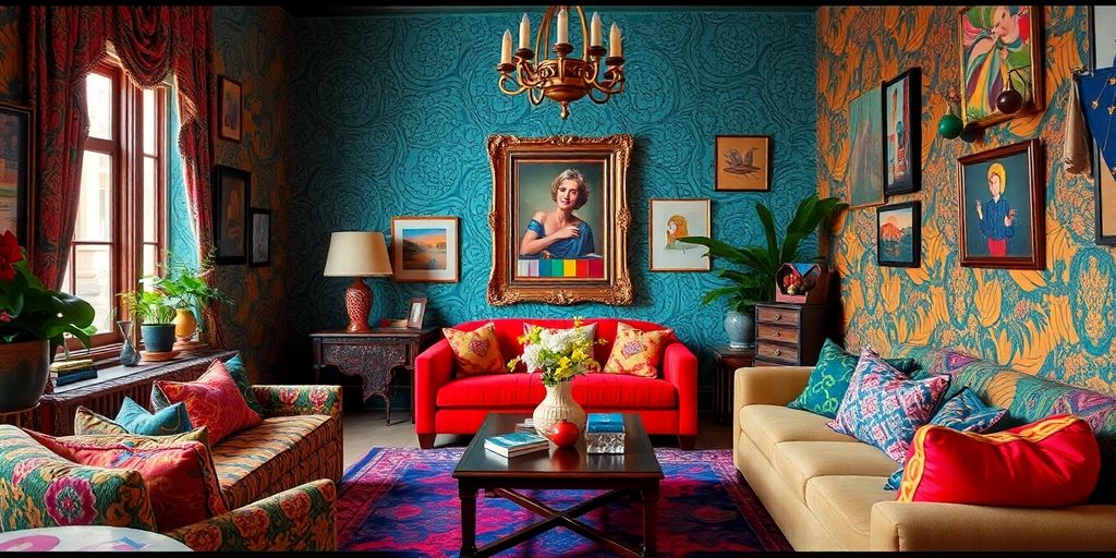 Brightly colored living room with bold patterns and decor.