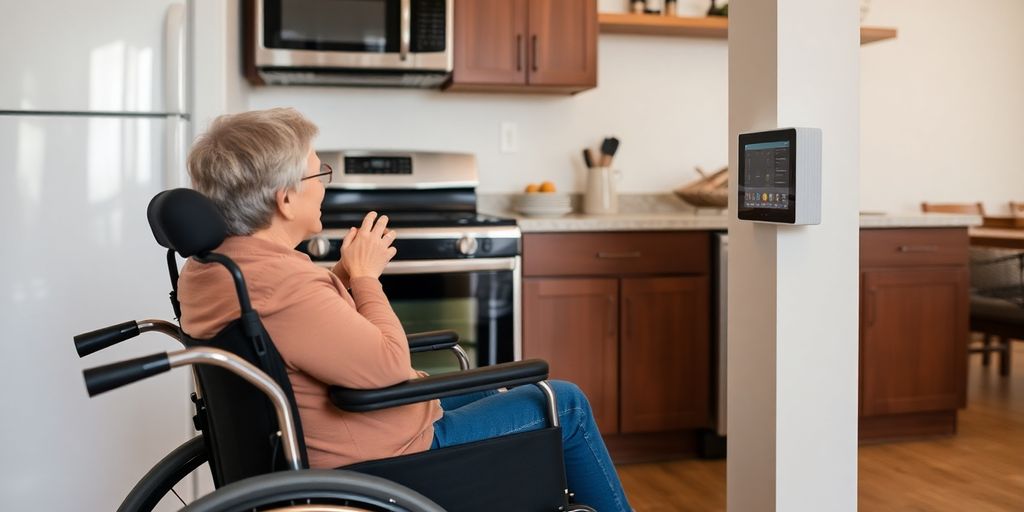 Person using a wheelchair controlling home devices.