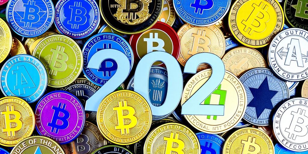 Colorful cryptocurrencies including coins and digital tokens.