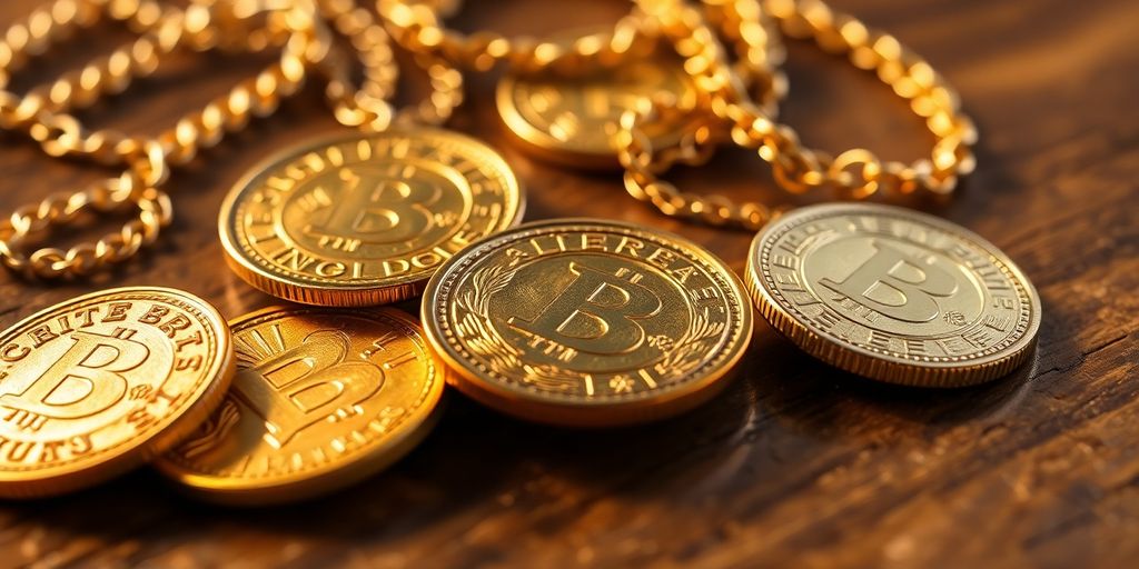 Pièces d'or et bijoux sur une table en bois.