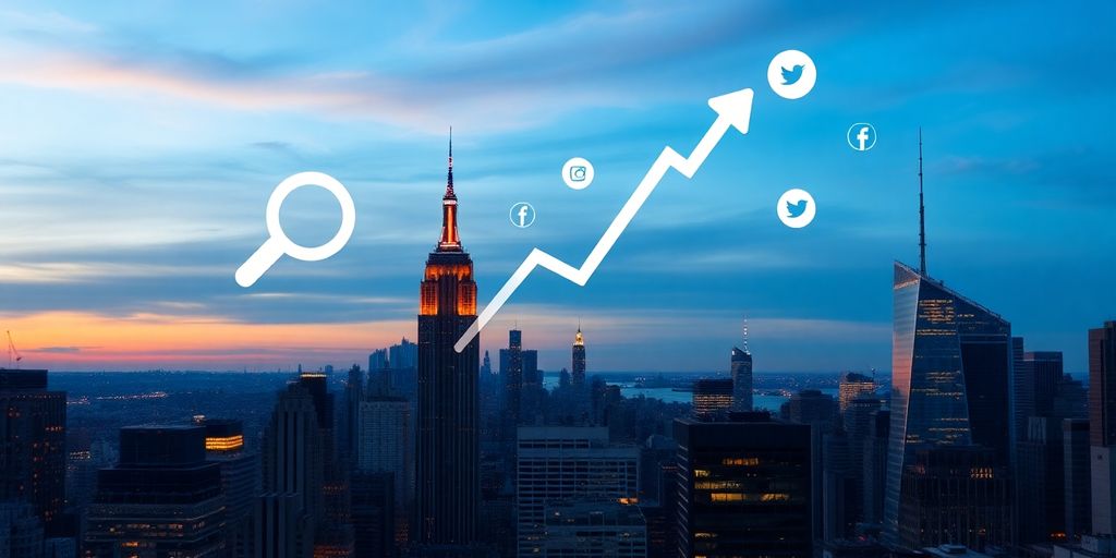 New York City skyline with digital marketing icons.