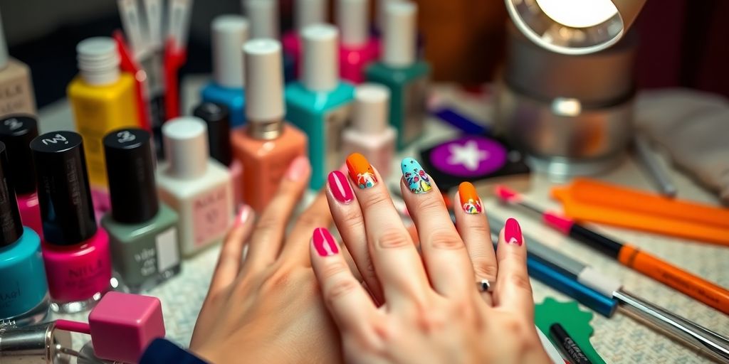 Imagem de unhas decoradas com esmaltes coloridos.