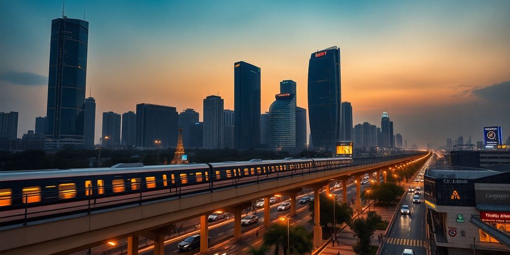 Futuristic skyline with advanced infrastructure, vibrant city life.