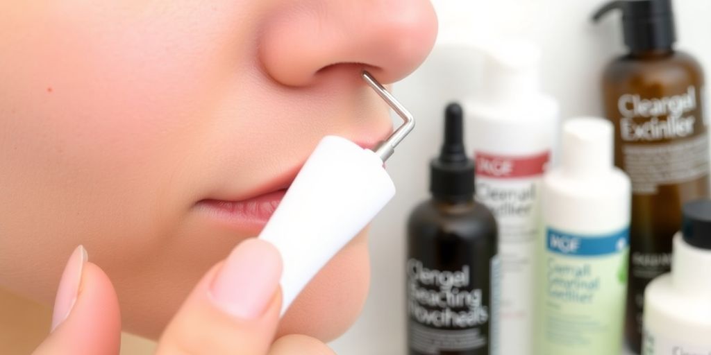 Close-up of blackheads on a nose with removal tool.