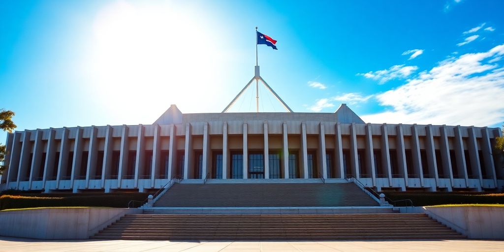 Australian Parliament building with a clear blue sky.