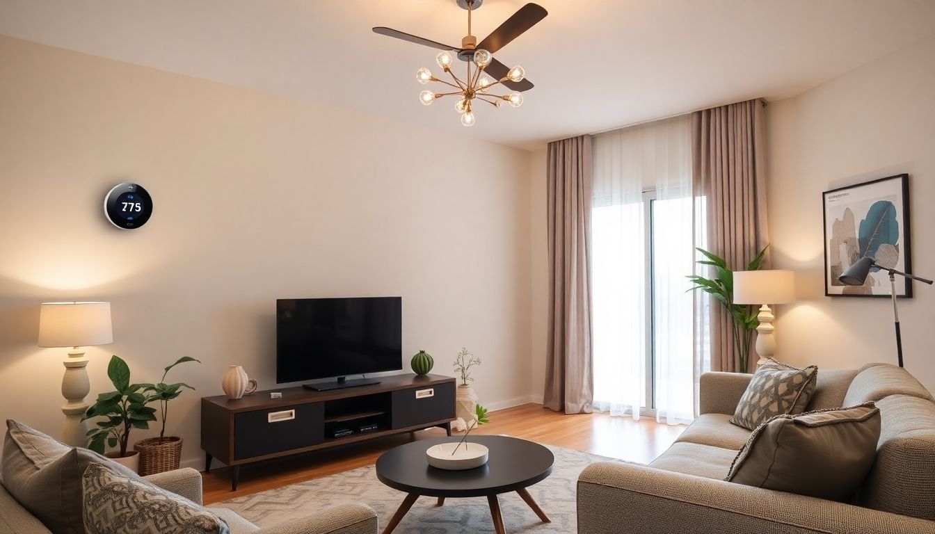 Modern living room with integrated smart home devices.