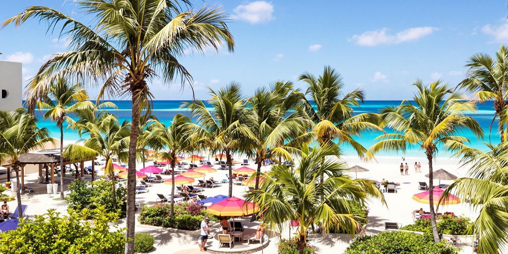 Beachfront view at Breathless Resort Cabo with palm trees.
