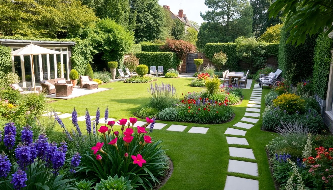 Landscaped garden with distinct zones in London.