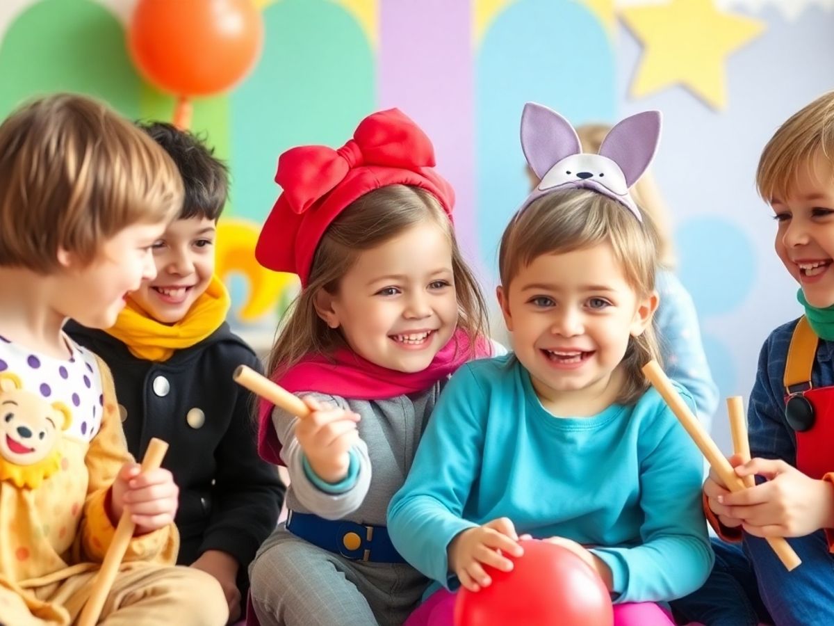 Copii jucându-se cu costume și accesorii creative.