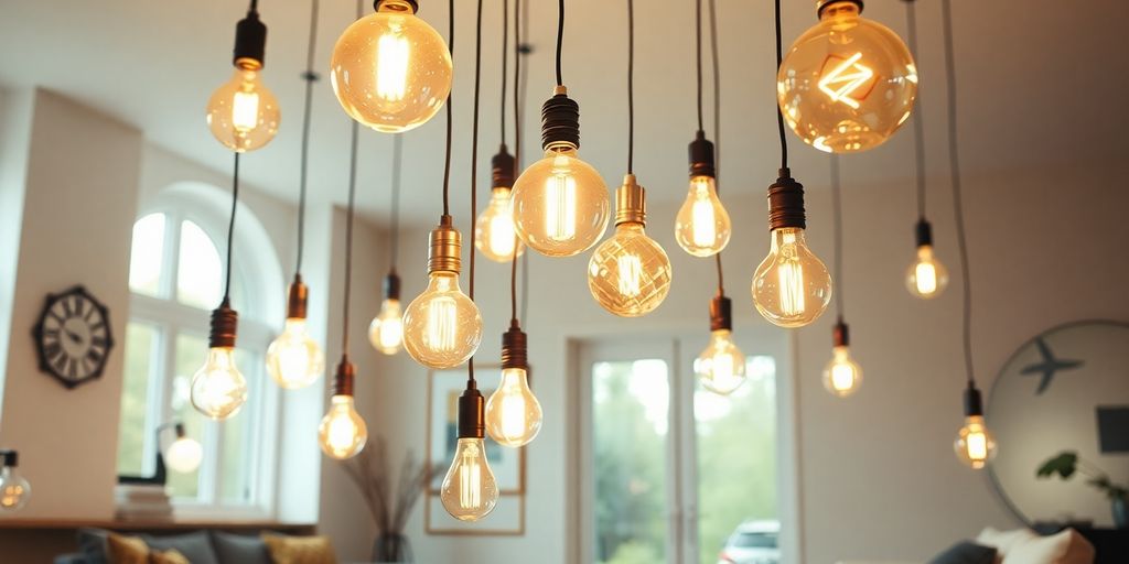 Various pendant lights with different bulbs.