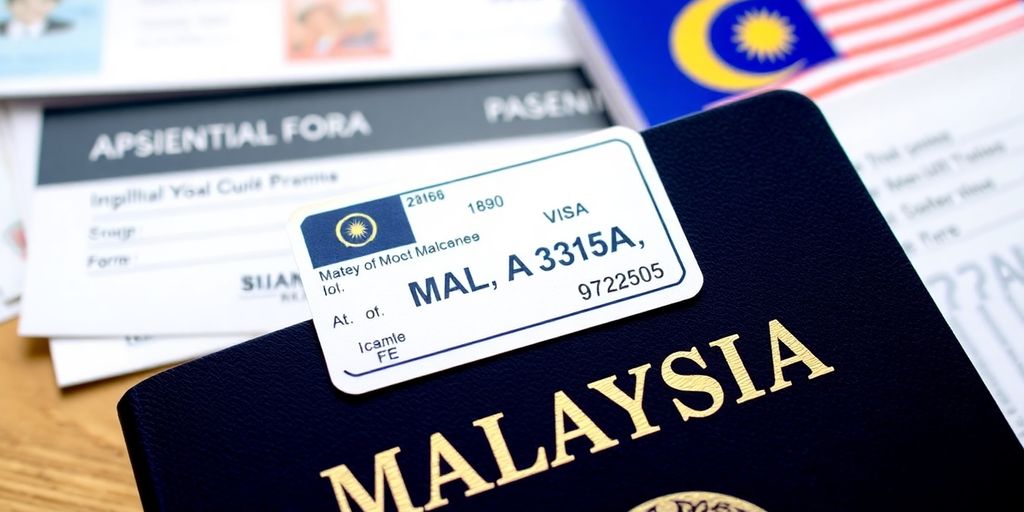 Malaysian visa stamp with travel documents on a table.