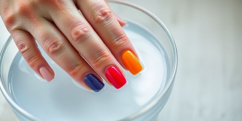 Mão com unha de gel sendo removida com acetona.